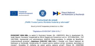 Comunicat de Presa PNRR : Digitalizare EVIDCONT 2004 S.R.L.